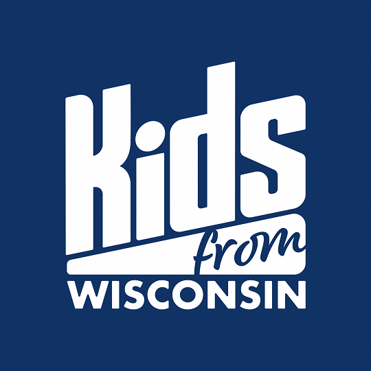 kids from wisconsin logo, white lettering on blue background